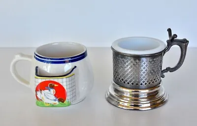 Vintage Shaving Mugs X2 Nickel Plated & Ceramic Ducks Pattern • $20