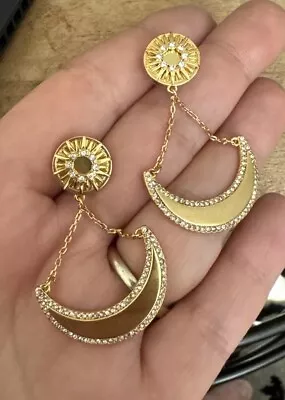 Gold Tone & Crystal Rhinestone J.Crew CRESCENT MOON Sun DROP Dangle EARRINGS • $22.95