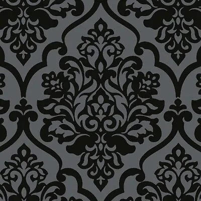 £19.99 • Buy Exclusive Katerina Black Flock Velvet Damask Wallpaper J115