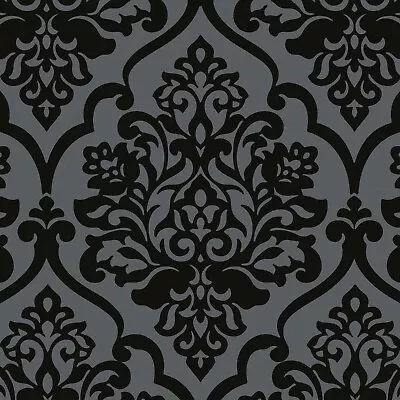 £19.99 • Buy Exclusive Katerina Black Flock Velvet Damask Wallpaper J115