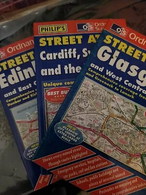 3 X Philips Ordnance Survey Street Atlas: Cardiff Glasgow & Edinburgh (Pocket) • £7.50