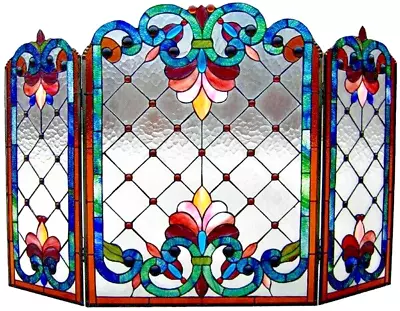 Tiffany Style Fireplace Screen Victorian Stained Glass 3 Section  ONE THIS PRICE • $303.33