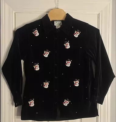 The Quacker Factory Womens Velvet Snowman Button Up Shirt Size Medium Black • $19.99