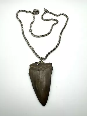 Megalodon Mako Fossilized 2.5” Giant Shark Tooth Pendant 30” Silver Tone Chain • $69.99