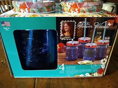 Pioneer Woman Sapphire Cobalt Blue Mason Jar Jars 16oz Glasses Lids Straws - 4 • $31.99