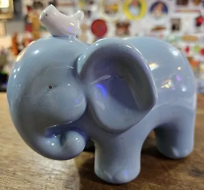 Vintage Blue Elephant Ceramic Piggy Coin Bank Bird • $25