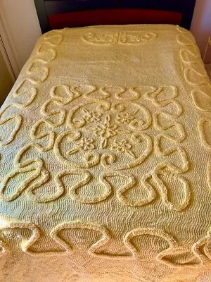 Vintage Yellow Chenille Bedspread Yellow 1960s  Scalloped Edge EEUC!! 88 X  105 • $75