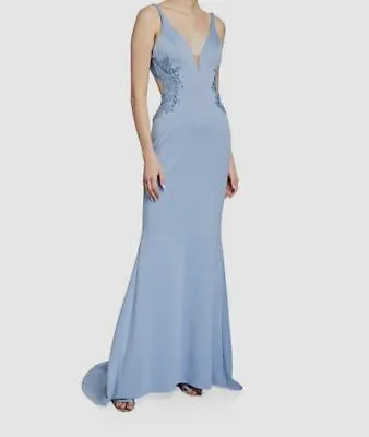 $510 Faviana Couture Women's Blue Sleeveless Open Back Column Gown Dress Size 4 • $102.38