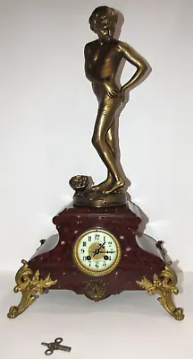 Antique French Figural Bronze & Marble Mantel Clock 8-Day Time/Bell Strike • $1475