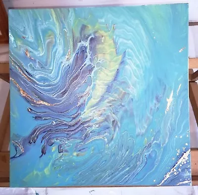 Original Acrylic On Canvas Zoom In Blue Teal Aqua Gold Tones Unique Fluid  • £34.99