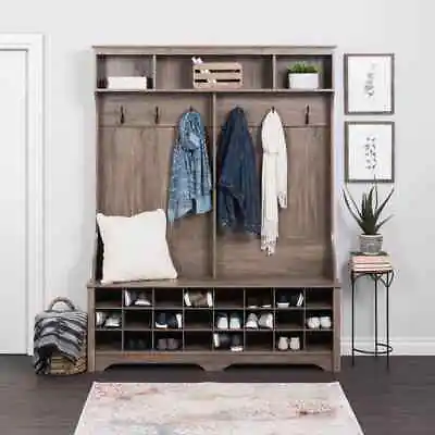 Driftwood Finish Wooden Hall Tree Shoe Bench Storage Entryway Cubbies Coat Rack  • $409.95