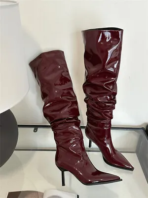 Chic Pleated Patent Leather Long Boots For Women Pointed Toe Kitten Heel Shoes • $62.89
