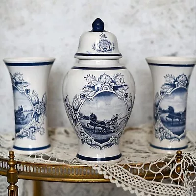 Antique Delft Set Of 2 Vases And 1 Urn With Lid. Collector's Item Hand Painted • $175