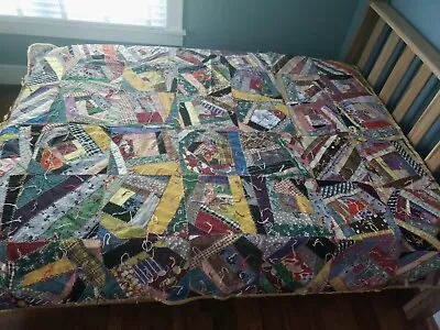 Vintage Antique Hand Stitched Crazy Patchwork Quilt Satin Full 68x80 • $99