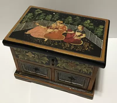 Indian Mughal Vintage Wooden Jewelry Box  All Sides Painted Rare • $190