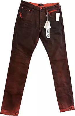 Purple Brand Jeans Men 34 Red Molten Lava Color Coated Denim Cow Leather Patch • $241.50