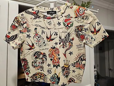 Ed Hardy Y2K VTG Flashboard Crewneck Short Sleeve Tattoo Flash Cropped Tee Small • $33