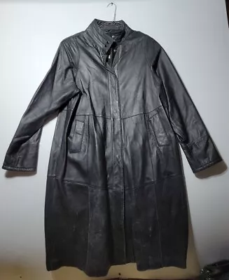 Vintage Charles Klein Leather Trench Coat Men's Large Black Snap Button Jacket  • $49.95