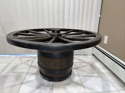 Antique Wood/Steel Wagon Wheel Coffee Table W/Barrel Base Primitive Country Farm • $890