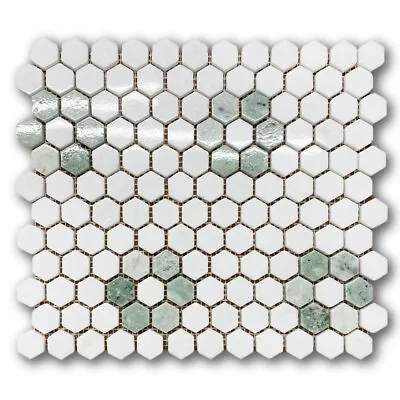 T31F12XP Rosette Hexagon Thassos White Ming Green Marble Mosaic Polished Tile • $51.99