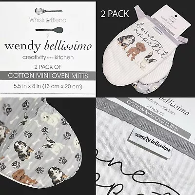 2-PK Wendy Bellissimo Cotton Mini Oven Mitts Dogs Paws Gray White Candy Stripes • $14.99