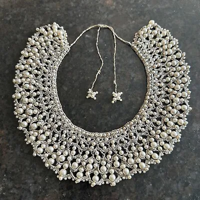 Vintage Metallic Silver Crochet Faux Pearl Beaded Choker Collar Bib Necklace 18” • $30