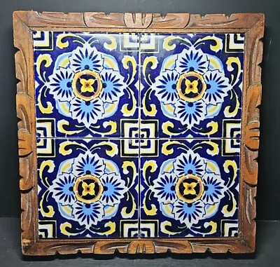 Vintage Mexican Tile 10  Trivet Carved Wood Framed Footed Ideal Standard • $26.99