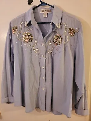 Vintage Beaded Embroidered Western Shirt 2X Blue Button Down Short Sleeve Collar • $25.99