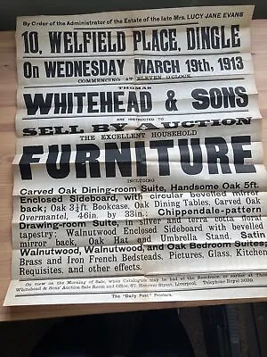 £18.99 • Buy 1913 Furniture Auction Poster 10 Wellfield Place, Dingle Liverpool 50x62cm