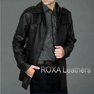 ROXA Western Men Black Work Wear Genuine Lambskin Real Leather Long Trench Coat • $197.11