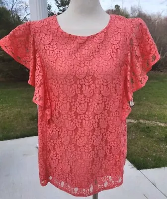 Beautiful Merona Lace Shirt With Ruffled Sleeve Bright Coral Nwt XL Free Ship • $15