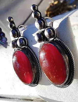 Vintage Red Coral ? Or Carnelian? Red Stone 925 Drop  Earrings W/ Pierced Hook • $18