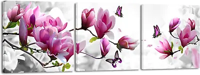 Butterfly In Magnolia Canvas Prints Wall Art 3 Piece Purple Flowers Pictures Pai • $119.98