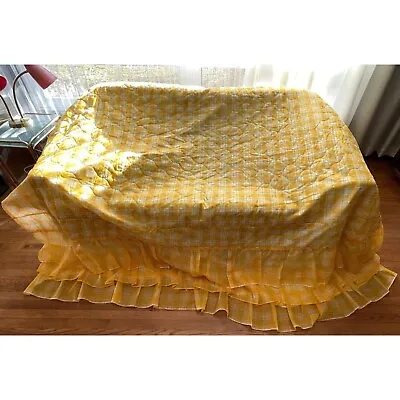 Vintage 70s Quilted Bedspread Yellow Ruffled Satin Bedspread Twin Size • $105