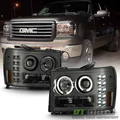 Smoked 2007-2013 GMC Sierra 1500 2500HD LED Angel Eye Halo Projector Headlights • $179.99