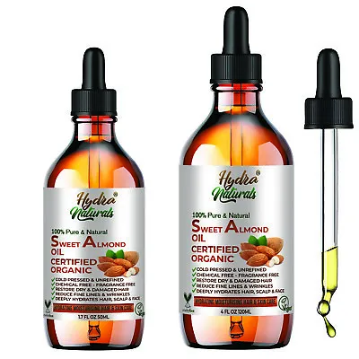 Sweet Almond Oil Certified Organic Cold Pressed For Face Dry Skin Damaged Hair  • £8.99
