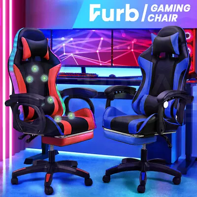 Furb Gaming Chairs RGB LED Massage Racing Recliner Leather Office Chair Footrest • $119.95