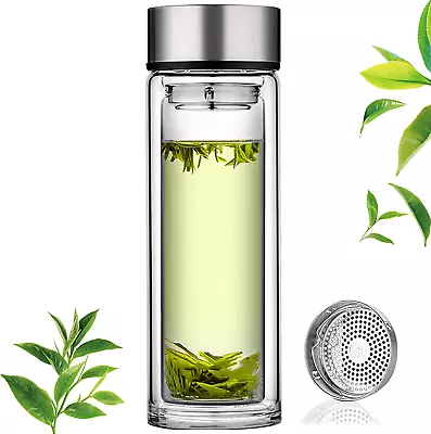 Glass Tea Infuser Bottle Double Wall Borosilicate Portable Travel Mug Tea Tumble • $27.92