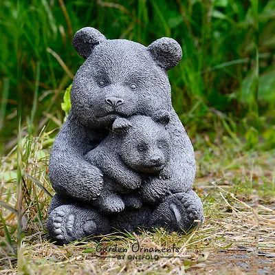 Panda Mother Baby Cub Hand Cast Stone Outdoor Garden Ornament Teddy Bear Gift • £45.90