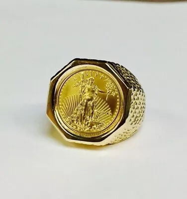 Charm Men's 20 Mm Coin American Eagle Ring With Vintage 14K Yellow Gold Finish • $254.75