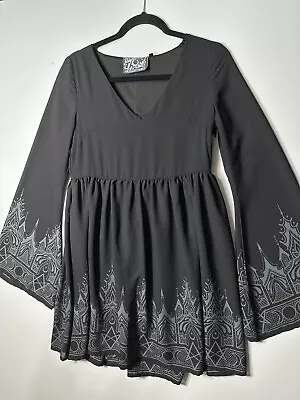 Killstar Dress Size XS Black Gray Print Long Bell Sleeve Duchess Mourning RARE • $39.99