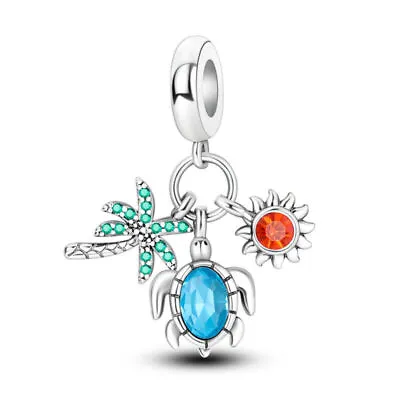 Palm Tree Blue Crystal Sea Turtle Red Opal Sun Holiday Charm 925 Sterling Silver • £14.99