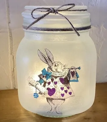 Light Up Alice In Wonderland White Rabbit Design Handcrafted Decoupaged Jar • £10.99