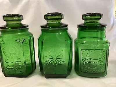 Vintage~Wheaton~Emerald Green Glass Canister Jars (2) Embossed Sunflower~1960’S • $59.99