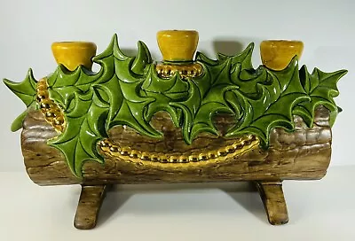 Atlantic Mold Christmas Yule Log Candle Holder Holly/Garland Ceramic VTG Kitsch • $79.99