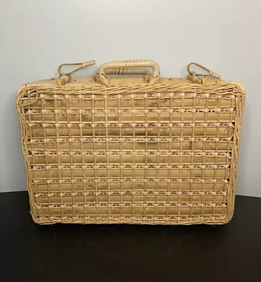 Vintage Wicker Picnic Basket Hinged Suitcase Wrapped Handle Woven Storage Rattan • $40