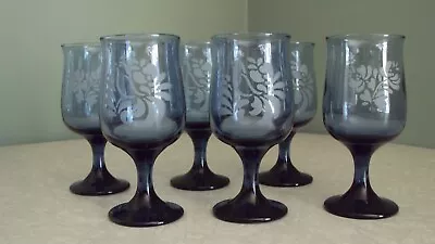 Set Of 6 Vintage Pfaltzgraff Folk Art Blue Etched Stem Wine Glasses 8 Oz EUC • $32.60
