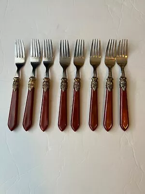 Hampton Silversmith Stainless Stella Red Handle Gold Trim Flatware 8 Salad Forks • $24