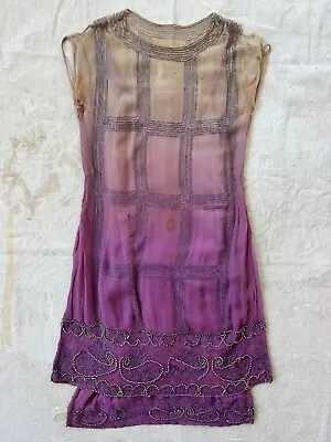 Vintage 1920s Purple Silk Beaded Sleeveless Ombré Flapper Shift Deco Party Dress • $19.99