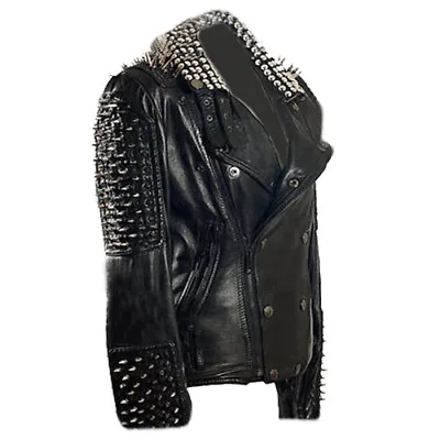 New Men's Punk Full Heavy Metal Long Spiked Studded Button Up Leather Jacket-942 • $321.89